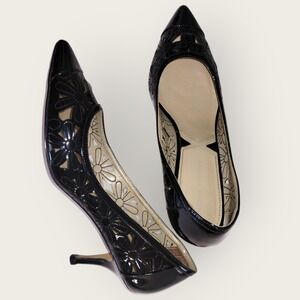 Adrienne Vittadini Black Patent Leather Floral Cutout Pointed Stiletto Heels 9.5